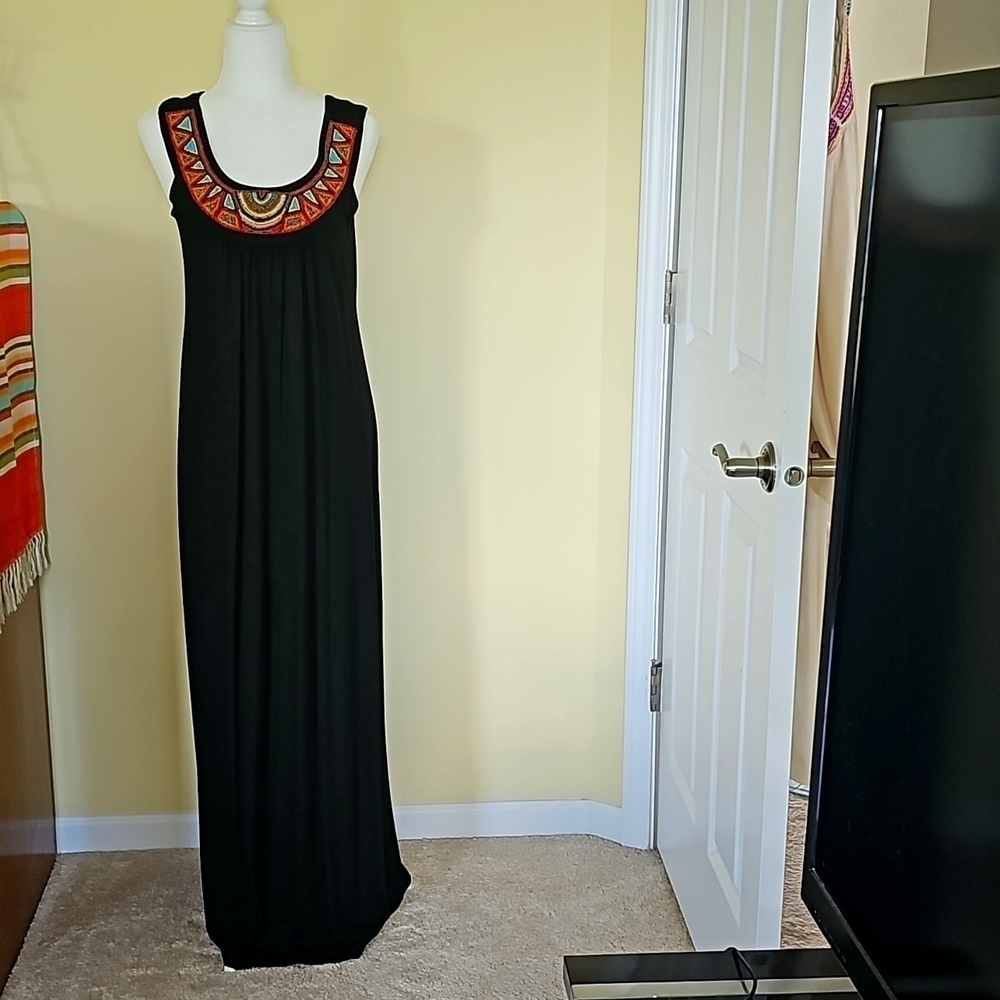 Tribal beaded long black dress